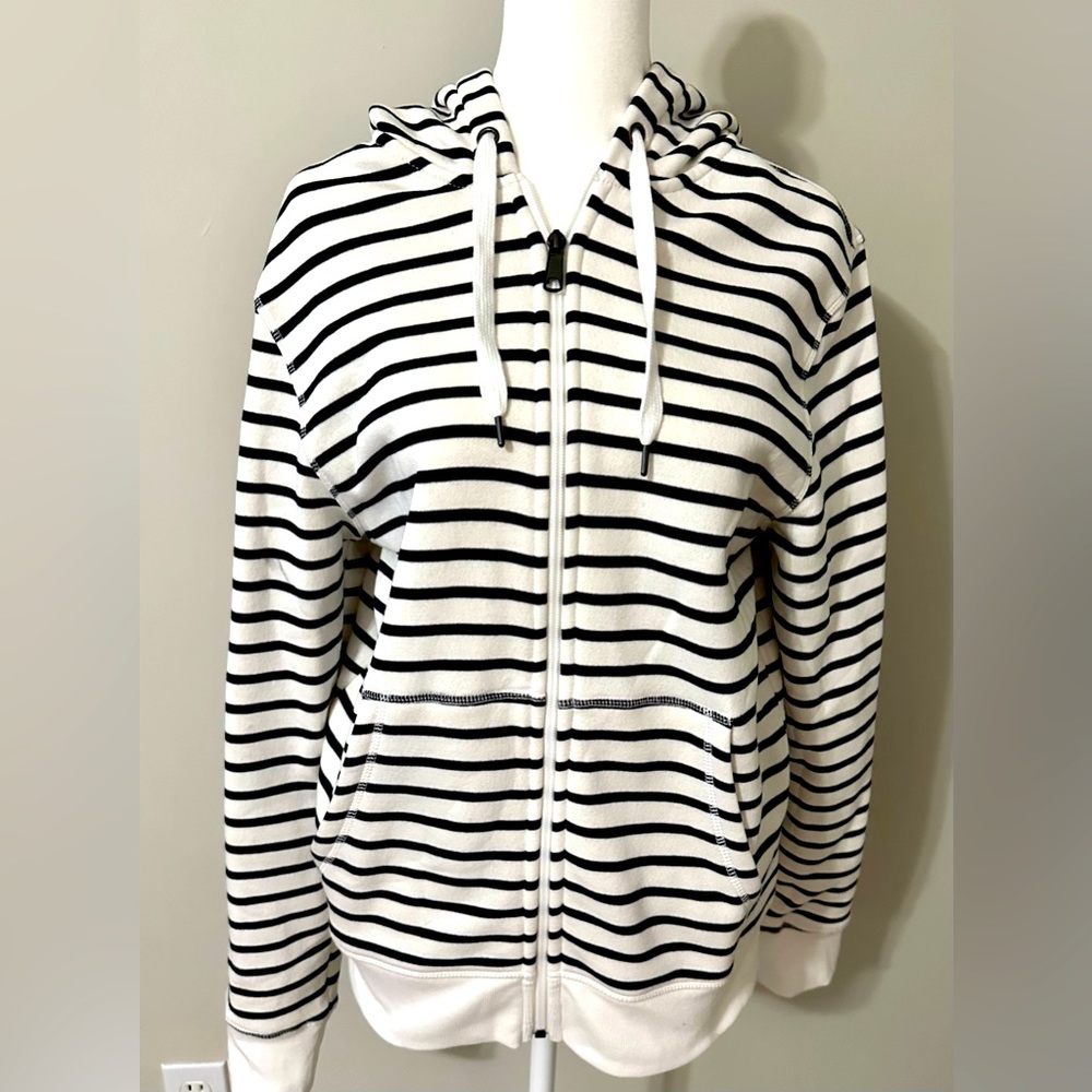 Full zip hoodie. Navy stripes. Adult size small.